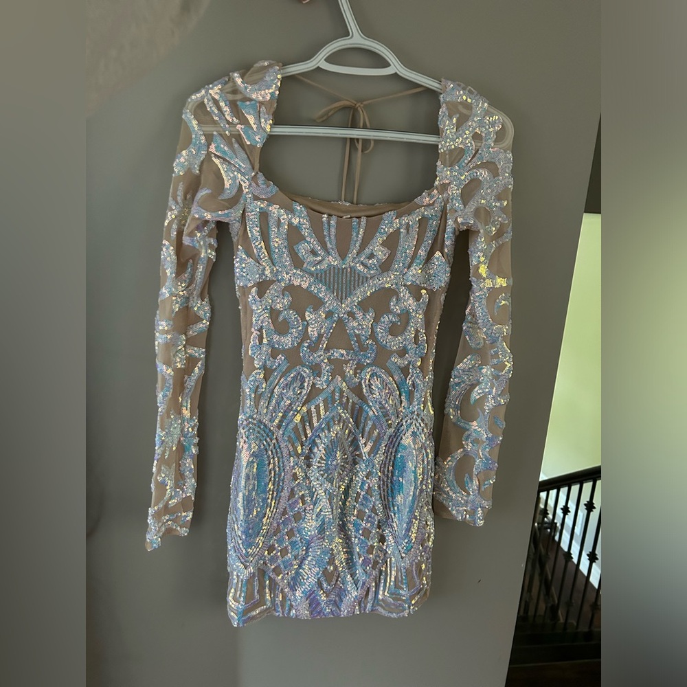 Lucy In The Sky Iridescent Sequin Mesh Dress in Nude
